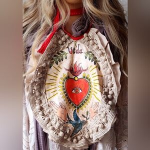 Anique Jabot Designer Upcycled Couture Patchwork Big Red Heart Praying Hand Bird